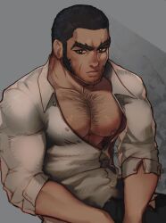 Rule 34 | 1boy, absurdres, alex (cerealex), bara, bare pectorals, beard stubble, buzz cut, chest hair, cowboy shot, facial hair, golden kamuy, highres, long sideburns, looking at viewer, male focus, mature male, muscular, muscular male, nipples, open clothes, open shirt, pants, pectorals, scar, short hair, sideburns, solo, sparse chest hair, stubble, tanigaki genjirou, thick eyebrows, torn clothes, torn pants, very short hair