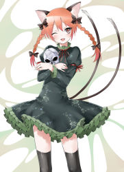 Rule 34 | 1girl, animal ears, bad id, bad pixiv id, black thighhighs, blush, bon, bow, braid, cat ears, cat girl, cat tail, dress, extra ears, fang, female focus, green dress, green skirt, hair bow, holding, kaenbyou rin, multiple tails, one eye closed, open mouth, orange hair, red eyes, red hair, short hair, simple background, skirt, skull, smile, solo, standing, tail, thighhighs, touhou, twin braids, twintails, wink, zettai ryouiki