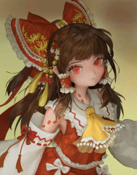 Rule 34 | 1girl, absurdres, adapted costume, ascot, bow, brown hair, closed mouth, detached sleeves, eyelashes, floral print, flower, frilled bow, frills, hair bow, hair tubes, hakurei reimu, highres, long hair, looking at viewer, paw print, red bow, red eyes, ribbon trim, spider lily, spider lily print, touhou, upper body, wide sleeves, wily beast and weakest creature, wrist (wrist0000), yellow background
