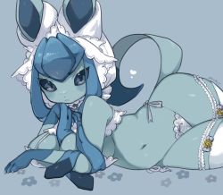 Rule 34 | 1girl, :&lt;, animal ears, animal hands, artist name, bare shoulders, blue background, blue eyes, blue flower, blue fur, blue hair, blue sclera, blue theme, blush, body fur, bonnet, bow, bow panties, bra, breasts, claws, closed mouth, colored sclera, cowboy shot, creatures (company), ears through headwear, female focus, flower, furry, furry female, game freak, gen 4 pokemon, glaceon, hand up, heart, highres, large breasts, lingerie, long hair, looking at viewer, lying, matching hair/eyes, multicolored hair, navel, nintendo, on side, panties, personification, playing with own hair, pokemon, pokemon (creature), saamon 1010, shiny skin, side-tie panties, sidelocks, signature, simple background, skindentation, solo, stomach, string panties, tail, thick thighs, thighhighs, thighs, twintails, two-tone hair, underwear, underwear only, white bra, white headwear, white panties, white thighhighs, wide hips
