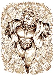 Rule 34 | 1boy, bad id, bad tumblr id, building, dio brando, full body, greyscale, jojo no kimyou na bouken, kotteri, looking at viewer, male focus, monochrome, muscular, muscular male, pants, smile, solo, v-shaped eyebrows