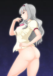 Rule 34 | 1girl, ass, bottomless, breasts, female focus, hairband, hand on own hip, idolmaster, idolmaster (classic), large breasts, long hair, looking at viewer, parted lips, red eyes, shijou takane, silver hair, solo, tengu (tetuo kun), thighs