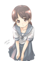 Rule 34 | 1girl, artist name, blue sailor collar, blue skirt, brown eyes, brown hair, cowboy shot, dated, fyuo, highres, kantai collection, low twintails, one-hour drawing challenge, parted bangs, pleated skirt, sailor collar, school uniform, serafuku, shirayuki (kancolle), short hair, short twintails, simple background, skirt, solo, twintails, white background