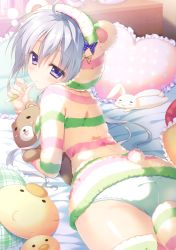 Rule 34 | 1girl, absurdres, ahoge, animal hood, ass, bed, blush, blush stickers, frilled pillow, frills, from behind, green panties, highres, hood, light purple hair, looking back, lying, mouth hold, no pants, on bed, on stomach, original, panties, pillow, plaid pillow, polka dot pillow, purple eyes, scan, shiny skin, solo, striped clothes, striped sweater, striped thighhighs, stuffed animal, stuffed rabbit, stuffed toy, sweater, teddy bear, thighhighs, toothbrush, underwear, yuzuna hiyo