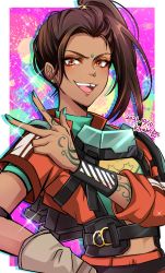 Rule 34 | 1girl, absurdres, animification, apex legends, arm tattoo, brown eyes, brown gloves, brown hair, earrings, eyeshadow, facial mark, forehead mark, gloves, green shirt, hair behind ear, highres, jewelry, jumpsuit, kiraki, leaning back, makeup, orange jumpsuit, rampart (apex legends), red eyeshadow, shirt, side ponytail, single glove, smile, solo, tattoo, tooth gap, upper body, v