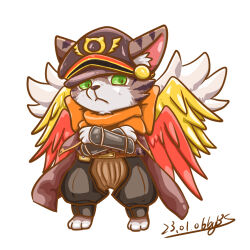 Rule 34 | 1boy, animal ears, barefoot, black pants, brown cape, brown hat, brownstar, cape, cat boy, cat ears, closed mouth, commentary request, crossed arms, dated, ears through headwear, expressionless, full body, furry, furry male, green eyes, hat, looking at viewer, male focus, multiple wings, orange scarf, pants, peaked cap, ragnarok online, red wings, scarf, signature, simple background, solo, standing, summoner (ragnarok online), vambraces, white background, white wings, wings, yellow wings