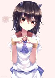 Rule 34 | 1girl, black hair, blue neckwear, blue ribbon, bracelet, commentary request, cone horns, dated, dress, fingers together, frown, grey horns, hair between eyes, highres, horns, index fingers together, jewelry, kijin seija, kisamu (ksmz), looking at viewer, medium hair, multicolored hair, red eyes, red hair, ribbon, short sleeves, solo, streaked hair, touhou, white dress, white hair
