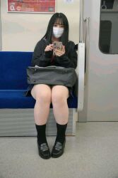 Rule 34 | 1girl, actress request, black hair, black socks, highres, holding, holding phone, japanese (nationality), long hair, looking at viewer, mask, mouth mask, panties, phone, photo (medium), real life, school uniform, sitting, socks, source request, surgical mask, train, underwear