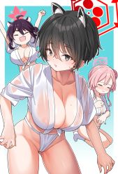 Rule 34 | 3girls, ahoge, alternate costume, animal ears, areola slip, black hair, blue archive, blush, breasts, cleavage, closed eyes, collarbone, front-tie top, fundoshi, groin, hair bun, hair ornament, halo, highres, japanese clothes, kaede (blue archive), konnyaku (kk-monmon), large breasts, long hair, looking at viewer, mimori (blue archive), mizu happi, multiple girls, open mouth, pink hair, see-through, short hair, simple background, smile, sweat, sweatdrop, tsubaki (blue archive), wet, wet clothes
