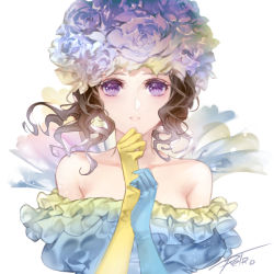 Rule 34 | 1girl, bare shoulders, breasts, brown hair, curly hair, dress, elbow gloves, flower, gloves, hair flower, hair ornament, long hair, looking at viewer, niji2468, princess white rose, purple eyes, rose, saga, saga frontier, signature, simple background, solo, white background