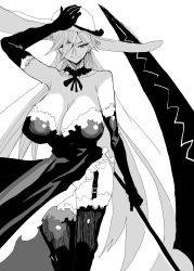 Rule 34 | 1girl, absurdres, bare shoulders, breasts, cleavage, doctor masube, dress, elbow gloves, gloves, greyscale, hair over one eye, hat, highres, huge breasts, long hair, looking at viewer, lucretia (doctor masube), monochrome, monochrome, original, solo, strapless, strapless dress, sun hat, very long hair