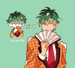 Rule 34 | 1boy, chibi, claireiosity, closed eyes, collared shirt, covering own mouth, eating, eyebrows, food, food in mouth, formal, green background, green hair, hair between eyes, holding, holding food, hypnosis mic, insignia, jacket, light green hair, long sleeves, male focus, necktie, orange jacket, orange suit, pale skin, red necktie, shirt, short hair, sleeves past elbows, solo, solo focus, sound effects, suit, white shirt
