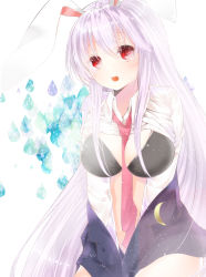 Rule 34 | 1girl, animal ears, arms between legs, between breasts, black bra, blush, bra, breasts, cleavage, collared shirt, crescent, female focus, highres, jacket, large breasts, light purple hair, long hair, long sleeves, necktie, necktie between breasts, open clothes, open mouth, rabbit ears, red eyes, red necktie, reisen udongein inaba, shirt, sidelocks, solo, suhu (hitsuzimakaron), sweat, touhou, underwear, very long hair, water drop, white shirt