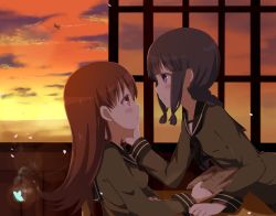 Rule 34 | 10s, 2girls, absurdres, akbskenmb48-40, black hair, blunt bangs, book, braid, brown eyes, brown hair, evening, face-to-face, hand on another&#039;s cheek, hand on another&#039;s face, highres, imminent kiss, kantai collection, kitakami (kancolle), leaning, long hair, looking at another, multiple girls, ooi (kancolle), purple eyes, school uniform, serafuku, sitting, smile, yuri
