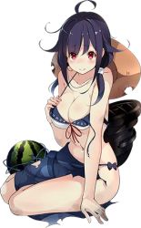 Rule 34 | 10s, 1girl, bikini, black hair, food, fruit, full body, hat, kantai collection, kujou ichiso, lowres, official art, red eyes, sarong, solo, sun hat, swimsuit, taigei (kancolle), torn clothes, transparent background, watermelon