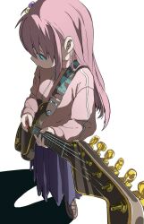Rule 34 | 1girl, blue eyes, blue skirt, bocchi the rock!, brown footwear, commentary request, cube hair ornament, electric guitar, full body, gibson les paul, gotoh hitori, guitar, hair between eyes, hair ornament, highres, holding, holding instrument, ikeda pafe, instrument, jacket, loafers, long hair, long sleeves, looking down, one side up, pink hair, pink jacket, pleated skirt, shoes, simple background, skirt, solo, standing, track jacket