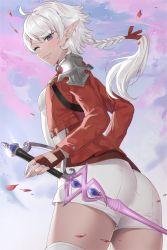 Rule 34 | 1girl, absurdres, alisaie leveilleur, ass, blue eyes, cropped jacket, elezen, elf, final fantasy, final fantasy xiv, fingerless gloves, gloves, highres, jacket, long hair, looking at viewer, lost-phews, one eye closed, open clothes, open jacket, pointy ears, red mage (final fantasy), shorts, solo, square enix, sword, thighhighs, weapon, white hair, white thighhighs
