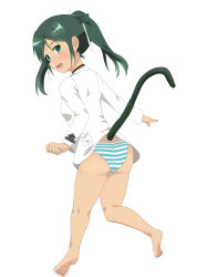 Rule 34 | 1girl, ass, blush, breasts, cat tail, fang, francesca lucchini, full body, green eyes, green hair, hair ornament, hair ribbon, highres, medium hair, open mouth, panties, ribbon, shiny skin, shirt, simple background, small breasts, solo, strike witches, striped clothes, striped panties, tail, underwear, white background, white shirt, world witches series