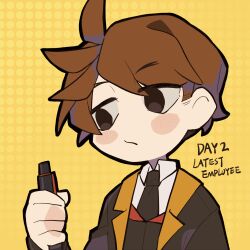 Rule 34 | 1boy, black jacket, black necktie, black vest, brown eyes, brown hair, chinese commentary, closed mouth, collared shirt, commentary request, employee (project moon), english text, highres, jacket, lobotomy corporation, male focus, necktie, no nose, open clothes, open jacket, project moon, shirt, short hair, solo, tesna, vest, white shirt, yellow background