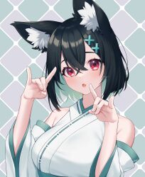 Rule 34 | 1girl, :o, absurdres, animal ear fluff, animal ears, bare shoulders, black hair, breasts, commentary, detached sleeves, double fox shadow puppet, fox shadow puppet, green hair, hair between eyes, hair ornament, hands up, highres, japanese clothes, kimono, long sleeves, medium breasts, multicolored hair, open mouth, original, red eyes, sakura chiyo (konachi000), simple background, sleeveless, sleeveless kimono, solo, two-tone hair, upper body, white background, white kimono, white sleeves, wide sleeves, x hair ornament