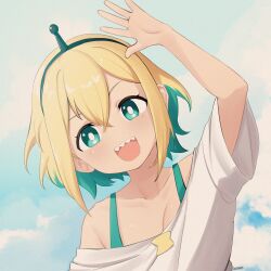 Rule 34 | 1girl, amano pikamee, ameiarts, arm up, artist name, black hairband, blonde hair, bright pupils, cloud, cloudy sky, collarbone, commentary, crossed bangs, english commentary, green eyes, green hair, hairband, hand up, highres, multicolored hair, off-shoulder shirt, off shoulder, sharp teeth, shirt, short hair, signature, sky, solo, teeth, upper body, virtual youtuber, voms, waving, white pupils, white shirt, wide sleeves