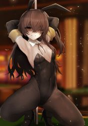 Rule 34 | 1girl, absurdres, arms behind head, black pantyhose, blush, breasts, girls&#039; frontline, grin, hair between eyes, highres, huge filesize, leotard, pantyhose, playboy bunny, pole, re1kirisaki342, shaded face, small breasts, smile, solo, squatting, stripper pole, thighs, ump45 (girls&#039; frontline)
