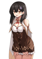Rule 34 | 1girl, bare shoulders, black hair, blush, bow, breasts, brown eyes, cape, character request, cleavage, clothing cutout, copyright request, frills, hair between eyes, hair ornament, highres, long hair, mahcdai, open mouth, red bow, shoulder cutout, simple background, sleeves past wrists, solo, tongue, white background, white cape