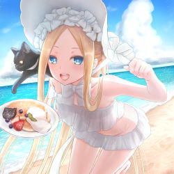 Rule 34 | 1girl, abigail williams (fate), abigail williams (swimsuit foreigner) (fate), abigail williams (swimsuit foreigner) (third ascension) (fate), absurdres, artist request, bare shoulders, bikini, black cat, blonde hair, blue eyes, blush, bonnet, bow, breasts, cat, fate/grand order, fate (series), food, forehead, hair bow, highres, leaning forward, long hair, looking at viewer, miniskirt, navel, ocean, open mouth, pancake, parted bangs, sidelocks, skirt, small breasts, smile, swimsuit, thighs, twintails, very long hair, white bikini, white bow, white headwear