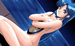 Rule 34 | 1girl, angry, blue eyes, blue hair, breasts, closed mouth, covering privates, covering breasts, dithering, dutch angle, embarrassed, fang, long hair, looking at viewer, mahjong gensoukyoku, matching hair/eyes, medium breasts, mole, mole under eye, night, nipples, nude, parted bangs, pc-98 (style), pc98, pixel art, sitting, sky, solo, very long hair, water