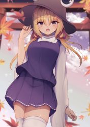 Rule 34 | 1girl, :d, blonde hair, blush, breasts, brown hat, cloud, cloudy sky, commentary request, cowboy shot, darumoon, day, dress, from below, hair between eyes, hand up, hat, highres, large breasts, leaf, long hair, looking at viewer, maple leaf, moriya suwako, open mouth, outdoors, parted bangs, pleated skirt, purple dress, skirt, sky, smile, solo, thighhighs, torii, touhou, white thighhighs, wide sleeves, yellow eyes