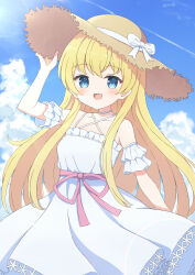 Rule 34 | 1girl, :d, bare shoulders, blonde hair, blue eyes, blue sky, blush, bow, cloud, cloudy sky, collarbone, commission, contrail, cowboy shot, criss-cross halter, day, detached sleeves, dot nose, dress, halterneck, hand on headwear, hat, hat bow, highres, lens flare, long bangs, long hair, looking at viewer, open mouth, original, outdoors, pink ribbon, pleated dress, raised eyebrows, ribbon, shirobako, short sleeves, sidelocks, skeb commission, sky, sleeveless, sleeveless dress, smile, solo, straight hair, straw hat, tyomimas, variant set, virtual youtuber, waist ribbon, white dress, white sleeves