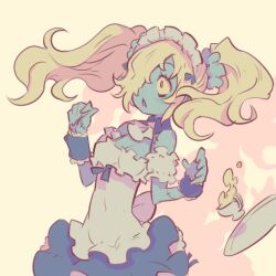 Rule 34 | 1girl, blonde hair, colored skin, commentary request, cup, disgaea, dress, green skin, harada takehito, long hair, maid (disgaea), maid headdress, makai senki disgaea 5, open mouth, sketch, solo, surprised, teacup, tray, twintails, upper body, zombie