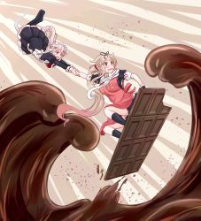 Rule 34 | 10s, alternate costume, apron, black legwear, blonde hair, blush, candy, chocolate, chocolate bar, commentary request, food, gradient hair, hair between eyes, hair flaps, hair ornament, hair ribbon, hairclip, harusame (kancolle), highres, holding hands, kantai collection, long hair, maid apron, maid headdress, multicolored hair, noyomidx, oversized object, pink hair, ponytail, red apron, ribbon, scarf, surfing, very long hair, yuudachi (kancolle)