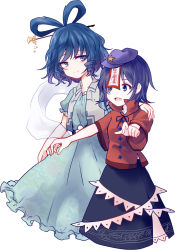 Rule 34 | 2girls, beret, blue eyes, blue hair, dress, drill hair, flower, hair ornament, hair rings, hair stick, hand on another&#039;s shoulder, hat, highres, jiangshi, kaku seiga, miyako yoshika, multiple girls, ofuda, open mouth, outstretched arms, shawl, short hair, simple background, skirt, smile, star (symbol), touhou, uranaishi (miraura), vest, white background, zombie pose