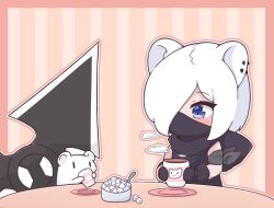 Rule 34 | 1girl, animal, animal ears, arknights, black gloves, blue eyes, blush, border, brown border, brown outline, cup, ear piercing, ermine, gloves, hair over one eye, holding, holding cup, hood, hood down, kurotofu, mask, mouth mask, outline, piercing, saucer, shirayuki (arknights), shuriken, solo, spoon, steam, striped, striped background, sugar cube, vertical stripes, weapon, weasel, white hair, white outline