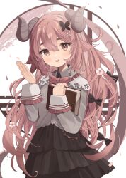 Rule 34 | 1girl, black bow, black skirt, book, bow, bowtie, breasts, brown bow, brown bowtie, brown eyes, brown hair, dot nose, frilled sleeves, frills, goma (u p), grey shirt, hair bow, hair ornament, highres, holding, holding book, horns, layered skirt, long hair, long sleeves, looking at viewer, open mouth, original, shirt, skirt, small breasts, solo, teeth, upper teeth only, very long hair