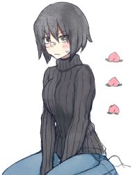 Rule 34 | 10s, 1girl, bad id, bad pixiv id, black eyes, black hair, black sweater, blue pants, casual, closed mouth, denim, food, frown, fruit, girls und panzer, highres, jeans, kawashima momo, long sleeves, looking at viewer, monocle, pants, peach, ribbed sweater, short hair, simple background, sitting, socks, sweatdrop, sweater, traditional media, tsunosame, turtleneck, v arms, wariza, white background, white legwear