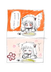 Rule 34 | 10s, 1girl, 2koma, abyssal ship, ahoge, ak oy, bauxite, colored skin, comic, cup, dress, eating, closed eyes, flying sweatdrops, food, fork, holding, horns, kantai collection, long hair, mittens, mug, northern ocean princess, oinari yukke, plate, pout, red eyes, translation request, vegetable, white dress, white hair, white skin