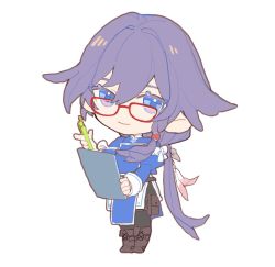 Rule 34 | 1girl, black hair, blue eyes, clipboard, closed mouth, fu hua, fu hua (valkyrie accipiter), full body, glasses, hair between eyes, holding, honkai (series), honkai impact 3rd, long hair, long sleeves, looking at viewer, mogomaco, pen, ponytail, simple background, smile, solo, white background