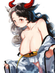 Rule 34 | 1girl, animal ears, animal print, bad id, bad pixiv id, bare shoulders, bikini, black hair, blush, breasts, breasts out, clothes pull, collarbone, commentary request, congming lan, cow ears, cow print, heavy breathing, highres, horns, jacket, jacket pull, lactation, large breasts, lips, looking at viewer, looking to the side, multicolored hair, nipples, oni horns, open bikini, open clothes, red eyes, red horns, simple background, solo, split-color hair, swimsuit, touhou, two-tone hair, upper body, ushizaki urumi, white background, white hair, yellow bikini