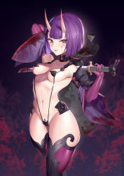 Rule 34 | 1girl, absurdres, blood, blood on clothes, blood on face, blush, bob cut, breasts, elbow gloves, fangs, fate/grand order, fate (series), gloves, highres, horns, jingb dx, katana, medium breasts, oni, purple eyes, purple hair, see-through, short eyebrows, shuten douji (fate), sideboob, skin-covered horns, slingshot swimsuit, smile, solo, swimsuit, sword, taimanin (series), thick thighs, thighhighs, thighs, tongue, tongue out, weapon