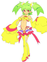 Rule 34 | 1girl, boots, breasts, detached sleeves, green hair, looking at viewer, metata, original, simple background, small breasts, smile, solo, thigh boots, thighhighs, twintails, white background, yellow footwear