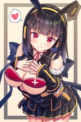 Rule 34 | 1girl, animal ears, bad id, bad pixiv id, beatmania, beatmania iidx, black hair, blue bow, blunt bangs, blush, bow, breasts, cleavage, closed mouth, cowboy shot, detached sleeves, fake animal ears, hands on own chest, headphones, heart, highres, hinazuki ririna, honami (yths4221), large breasts, leaning forward, looking at viewer, neck ribbon, pleated skirt, rabbit ears, red eyes, red ribbon, ribbon, skindentation, skirt, smile, solo, spoken heart