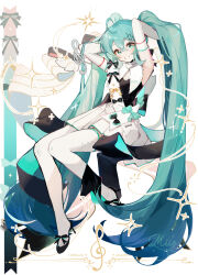 Rule 34 | 1girl, ahoge, aqua eyes, aqua hair, arin (fanfan013), artist name, bare shoulders, black bow, black footwear, black vest, blue hair, bow, commentary, detached sleeves, dress, eyelashes, footwear bow, full body, gold bow, gradient hair, grin, hair between eyes, hair ornament, hairclip, halter dress, halterneck, hands in hair, hatsune miku, high heels, light blush, long hair, long sleeves, miku symphony (vocaloid), multicolored hair, musical note, pillar, pleated dress, sash, short dress, simple background, sitting, smile, solo, sparkle, straight hair, symbol-only commentary, thighhighs, treble clef, twintails, very long hair, vest, vocaloid, white background, white dress, white sash, white sleeves, white thighhighs, x hair ornament