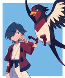 Rule 34 | 1boy, alternate color, bird, black sash, blue eyes, blue hair, closed mouth, creatures (company), falkner (pokemon), game freak, gen 3 pokemon, hair over one eye, hand up, highres, jacket, japanese clothes, kimono, looking up, male focus, nintendo, open clothes, open jacket, pants, pokemon, pokemon (creature), pokemon masters ex, red jacket, red wristband, sash, short hair, short sleeves, smile, swellow, tyako 089, white kimono, white pants, wristband