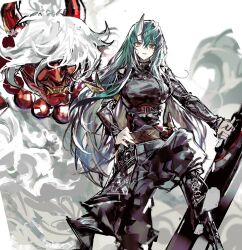 Rule 34 | 1girl, 1other, arknights, belt, breasts, green hair, hand on own hip, highres, holding, horns, hoshiguma (arknights), large breasts, long hair, long sleeves, looking at viewer, mask, oni, oni mask, remsrar, shield, single horn, skin-covered horns, yellow eyes