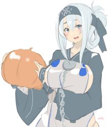 Rule 34 | 1girl, ainu clothes, blue eyes, blue headband, breasts, commentary request, cropped jacket, folded ponytail, headband, highres, kamoi (kancolle), kantai collection, large breasts, looking at viewer, open mouth, pelvic curtain, pumpkin, sideboob, sidelocks, simple background, smile, solo, sunday aki, teeth, upper teeth only, white background, white hair, wrist guards