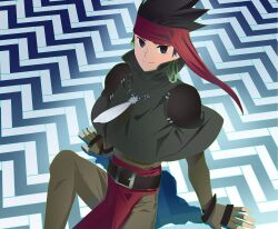 Rule 34 | 1boy, arc the lad, arc the lad ii, bandana, belt, black hair, closed mouth, cofffee, earrings, elc (arc the lad), feathers, fingerless gloves, gloves, highres, jewelry, looking at viewer, male focus, protected link, short hair, solo, spiked hair