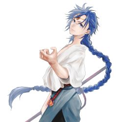 Rule 34 | 1boy, aladdin (magi), b9sjwtejfq72019, belt, blue eyes, blue hair, braid, braided ponytail, cowboy shot, forehead jewel, head chain, highres, holding, holding staff, jewelry, long hair, looking at viewer, magi the labyrinth of magic, male focus, pointing, shirt, simple background, single braid, smile, solo, staff, white background, white shirt