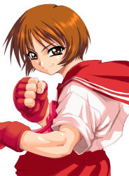 Rule 34 | &gt;:), 1girl, brown eyes, brown hair, capcom, clenched hand, fingerless gloves, gloves, looking at viewer, nagaoka shiho, parody, pleated skirt, red skirt, simple background, skirt, smile, solo, standing, street fighter, to heart, to heart (series), upper body, v-shaped eyebrows, white background